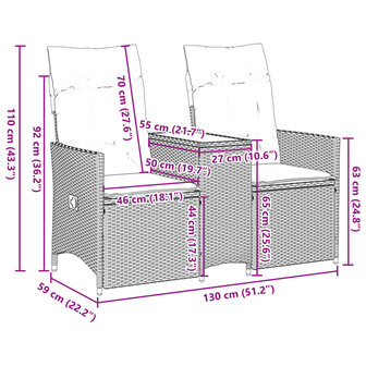 Tuinbank 2-zits verstelbaar met tafel poly rattan grijs