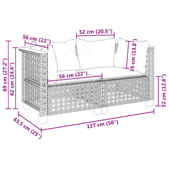 Tuinhoekbanken 2 st met kussens poly rattan grijs