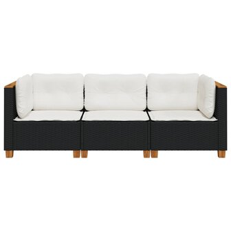 Tuinbank 3-zits met kussens poly rattan zwart