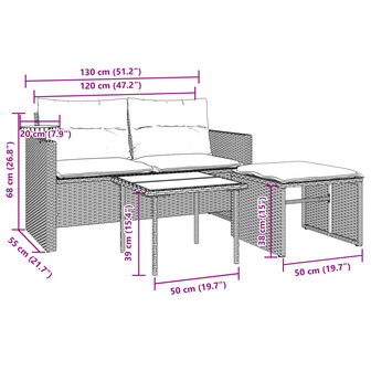 3-delige Loungeset met kussens poly rattan zwart