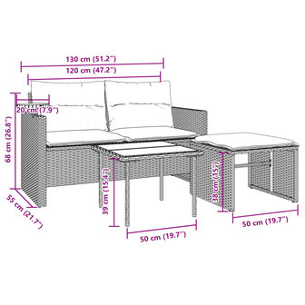 3-delige Loungeset met kussens poly rattan zwart