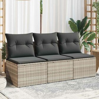Tuinbank 3-zits met kussens poly rattan lichtgrijs