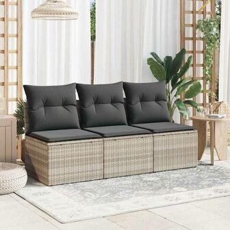 Tuinbank 3-zits met kussens poly rattan lichtgrijs