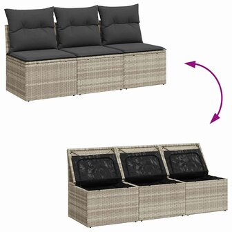 Tuinbank 3-zits met kussens poly rattan lichtgrijs
