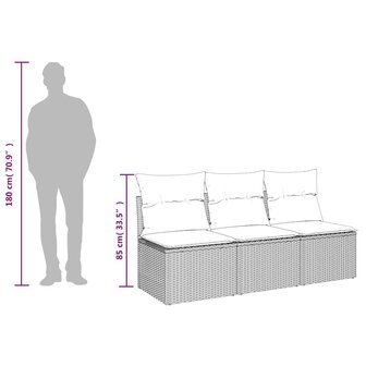 Tuinbank 3-zits met kussens poly rattan lichtgrijs