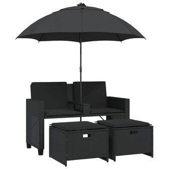 Tuinbank 2-zits met parasol en voetenbanken poly rattan zwart