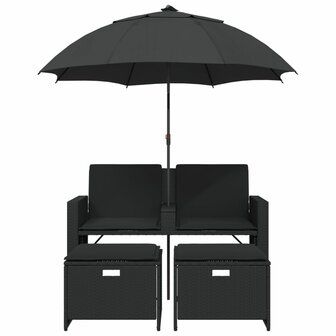 Tuinbank 2-zits met parasol en voetenbanken poly rattan zwart