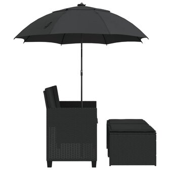 Tuinbank 2-zits met parasol en voetenbanken poly rattan zwart