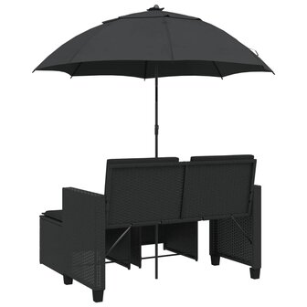 Tuinbank 2-zits met parasol en voetenbanken poly rattan zwart