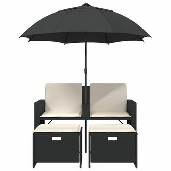 Tuinbank 2-zits met parasol en voetenbanken poly rattan zwart
