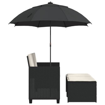 Tuinbank 2-zits met parasol en voetenbanken poly rattan zwart