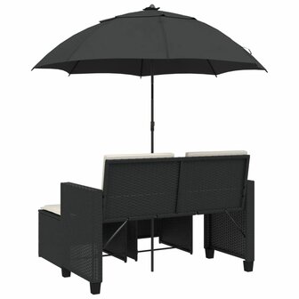 Tuinbank 2-zits met parasol en voetenbanken poly rattan zwart