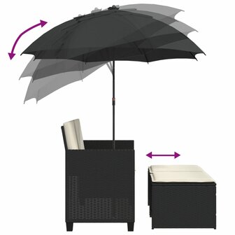 Tuinbank 2-zits met parasol en voetenbanken poly rattan zwart