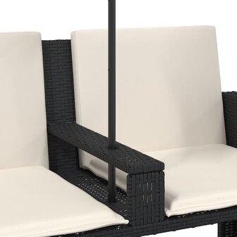 Tuinbank 2-zits met parasol en voetenbanken poly rattan zwart