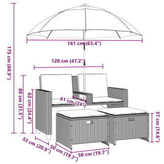 Tuinbank 2-zits met parasol en voetenbanken poly rattan zwart