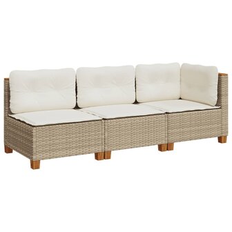 Tuinbank 3-zits met kussens poly rattan beige