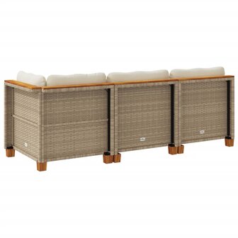 Tuinbank 3-zits met kussens poly rattan beige