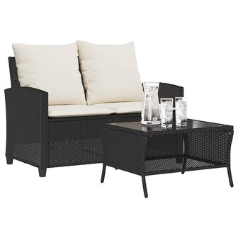 Tuinbank 2-zits met kussens &amp; tafel poly rattan zwart