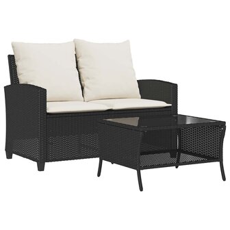 Tuinbank 2-zits met kussens &amp; tafel poly rattan zwart