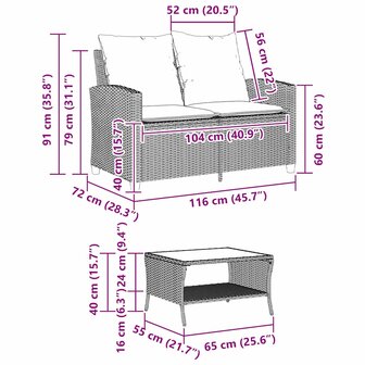 Tuinbank 2-zits met kussens &amp; tafel poly rattan zwart