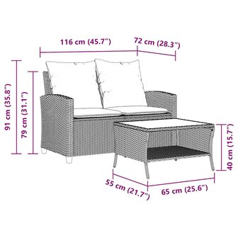 Tuinbank 2-zits met kussens &amp; tafel poly rattan zwart