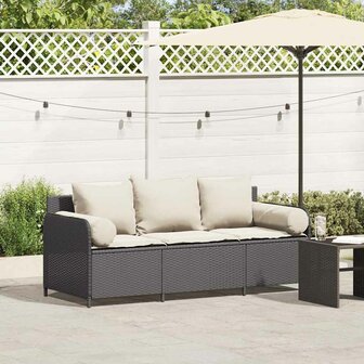 Tuinbank 3-zits met kussens poly rattan zwart