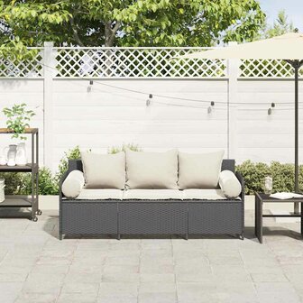 Tuinbank 3-zits met kussens poly rattan zwart