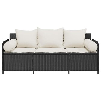 Tuinbank 3-zits met kussens poly rattan zwart