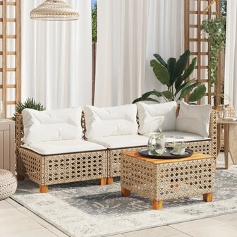 Tuinbank 3-zits met kussens poly rattan beige