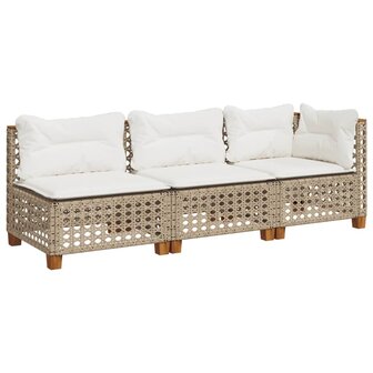 Tuinbank 3-zits met kussens poly rattan beige