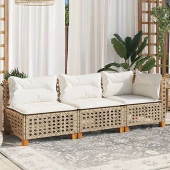 Tuinbank 3-zits met kussens poly rattan beige