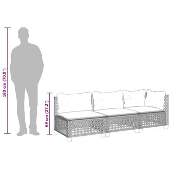 Tuinbank 3-zits met kussens poly rattan beige