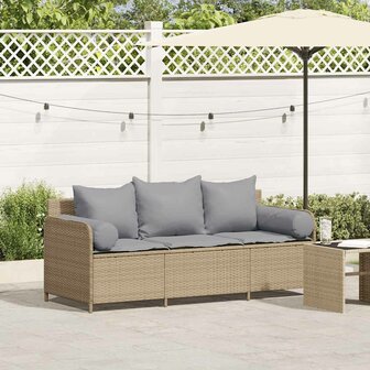Tuinbank 3-zits met kussens poly rattan beige