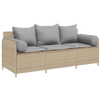 Tuinbank 3-zits met kussens poly rattan beige