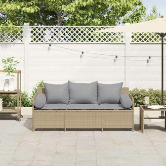 Tuinbank 3-zits met kussens poly rattan beige