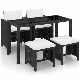 5-delige Tuinset met kussens poly rattan zwart