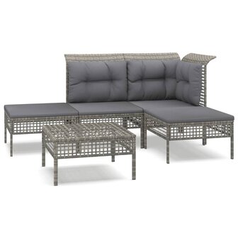 5-delige Loungeset met kussens poly rattan grijs