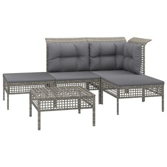 5-delige Loungeset met kussens poly rattan grijs