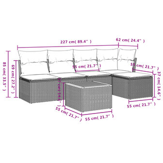 6-delige Loungeset met kussens poly rattan zwart