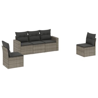 5-delige Loungeset met kussens poly rattan grijs