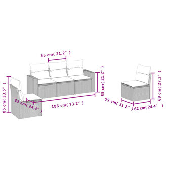 5-delige Loungeset met kussens poly rattan grijs