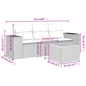4-delige Loungeset met kussens poly rattan zwart