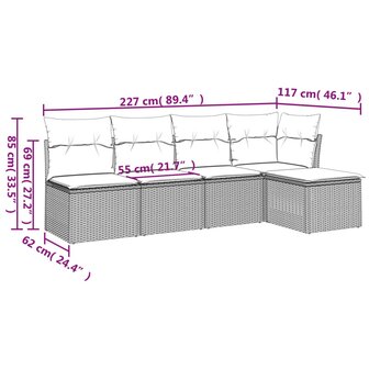5-delige Loungeset met kussens poly rattan zwart