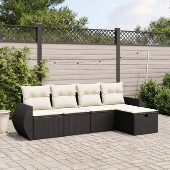 5-delige Loungeset met kussens poly rattan zwart
