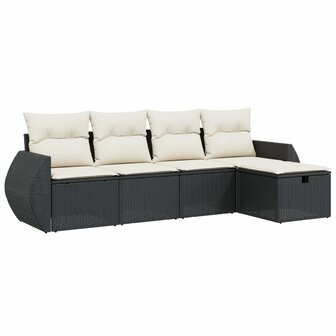 5-delige Loungeset met kussens poly rattan zwart