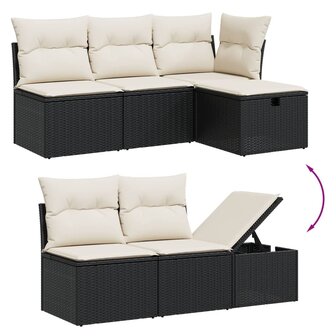 5-delige Loungeset met kussens poly rattan zwart