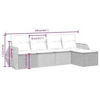 5-delige Loungeset met kussens poly rattan zwart