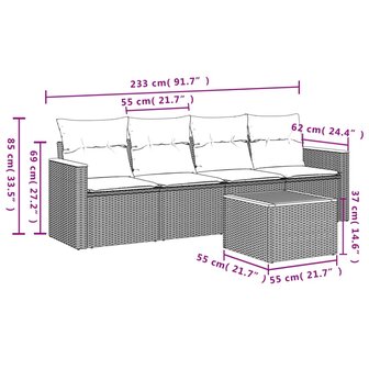 5-delige Loungeset met kussens poly rattan grijs