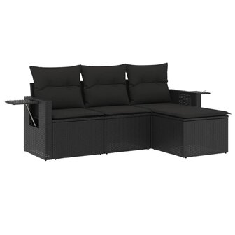 4-delige Loungeset met kussens poly rattan zwart