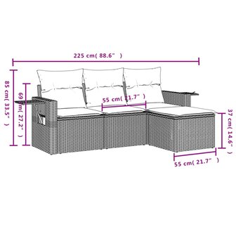 4-delige Loungeset met kussens poly rattan zwart